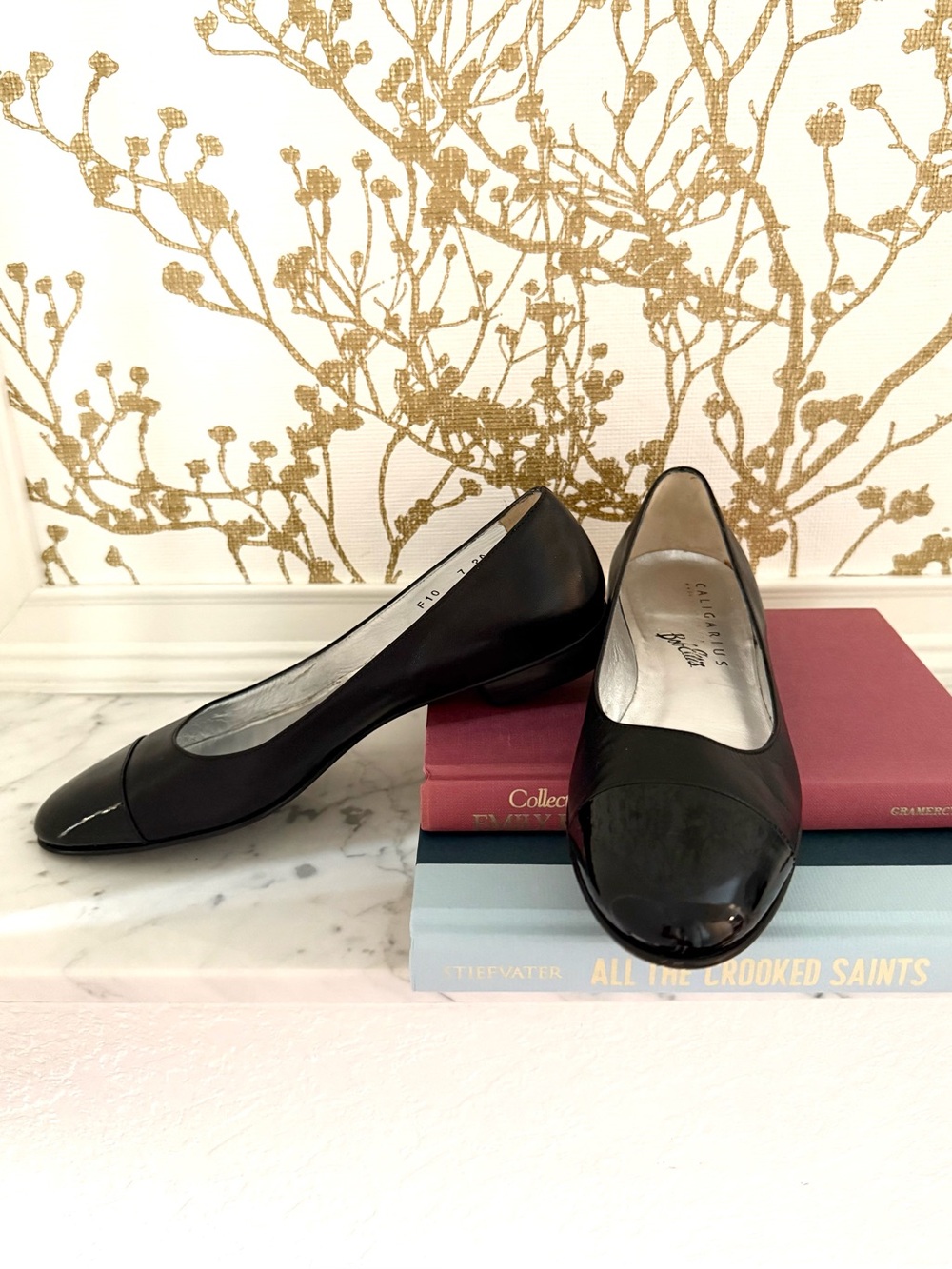 Caligarius Black Ballet Flats Nappa Leather Patent Cap Toe Brivido 7 AA Italy
